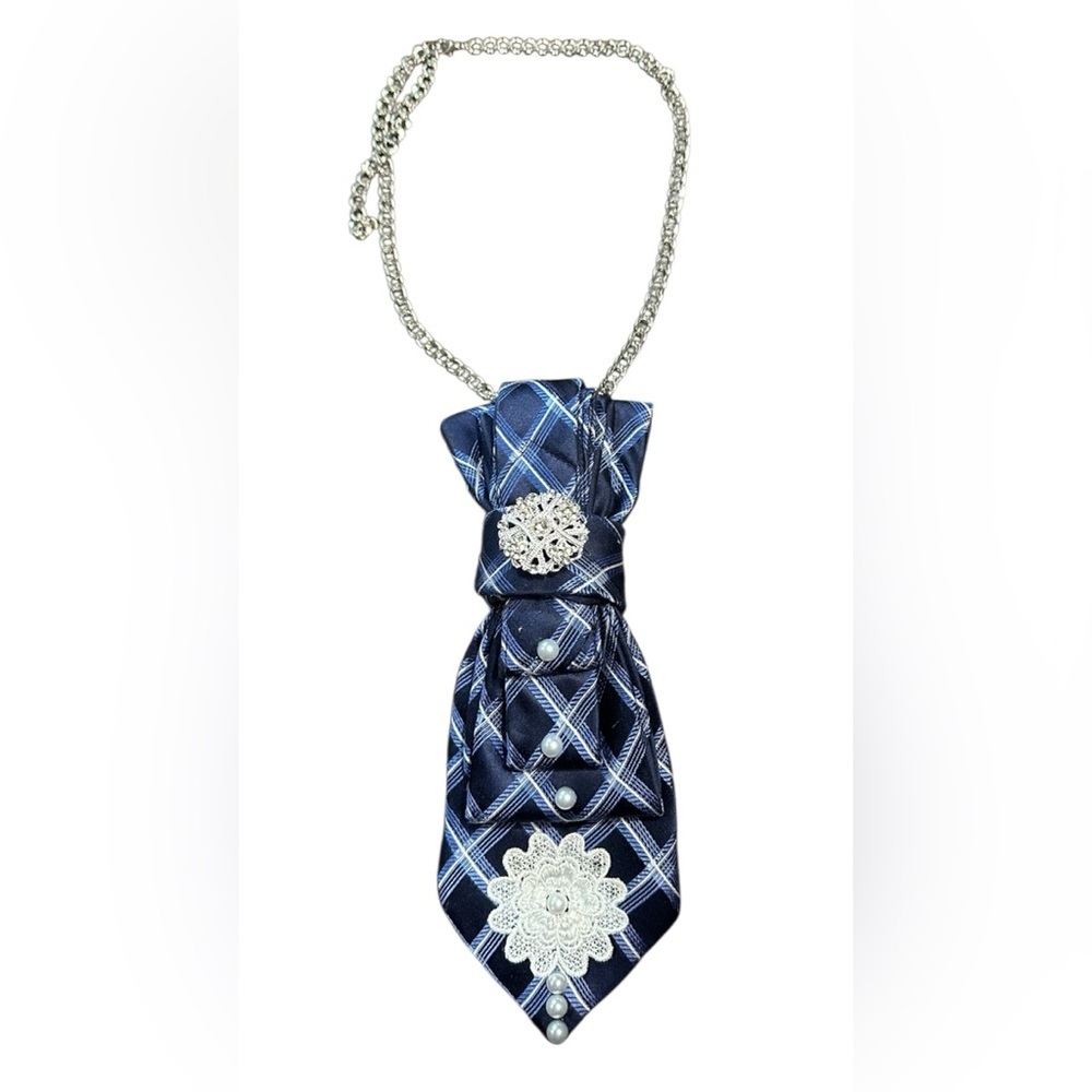 Elegant Navy Plaid Tie Necklace